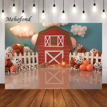 Фон для фотосъемки Mehofond Ферма, Красный сарай, стог сена, воздушный шар, торт для вечеринки в честь 1-го дня рождения, декор для фотосъемки, студийный реквизит