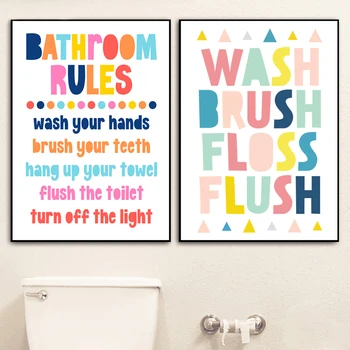 Художественные принты с цитатами из правил детской ванной комнаты, Мойте руки, вывеска для туалета, плакат, картина на холсте, Красочный Декор стен