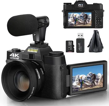 Цифровая камера G-Anica 4K, Видеокамера 48 Мп, Камеры для Фотосъемки, Компактная камера с Откидывающимся экраном с Автофокусом, Камера для Видеоблогинга