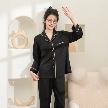 Черная пижама для дам с длинными рукавами, удобная шелковая домашняя одежда с отложным воротником, дизайн женской весенне-осенней пижамы