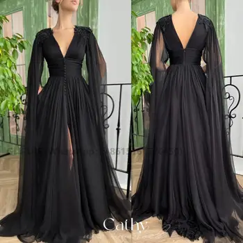 Черное платье для выпускного вечера с накидкой в пол, сексуальное вечернее платье с разрезом сбоку, платья для выпускного вечера принцессы из тюля трапециевидной формы, Vestidos De Fiesta