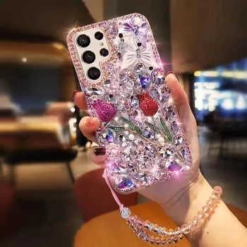 Чехлы с Розовыми Бриллиантами Для Samsung Galaxy S23 S21 S22 Ultra S20FE S10 S9 S8 Plus Note 20 Ultra 10 9 8 Lite Прозрачный Чехол Diamond Coque