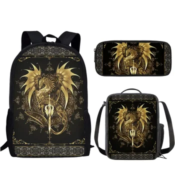 Школьные сумки большой емкости с принтом золотого дракона для детей, повседневные рюкзаки для мальчиков, 3 шт./компл., Модный детский рюкзак Back to School Mochila
