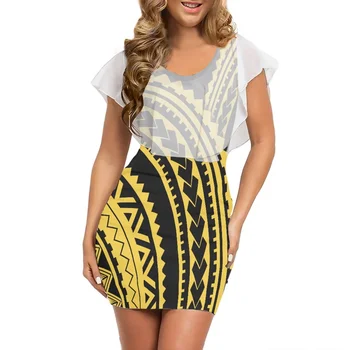 Элегантная мини-юбка с круглым вырезом, обтягивающая бедра, повседневная пляжная короткая юбка, женское желтое сексуальное вечернее платье с полинезийским племенным принтом, лето