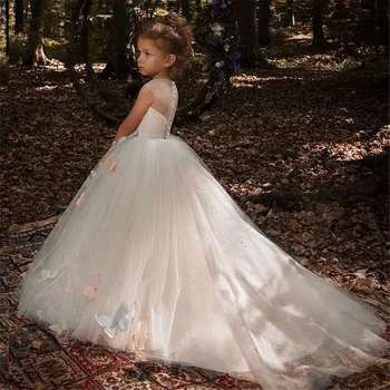 Элегантное бальное платье с бабочкой, платье для девочек Fower 2023, платье принцессы без рукавов с блестками, свадьба, Первое Причастие, Праздничная вечеринка.