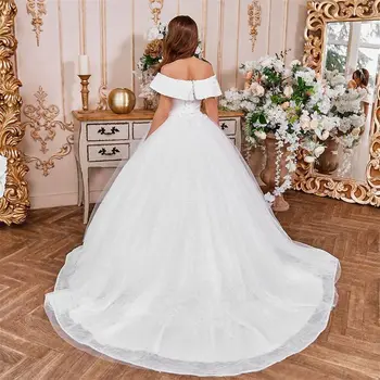 Элегантное белое платье с открытыми плечами для девочки-цветочницы на свадьбу, платье принцессы с кружевными аппликациями для Первого причастия, Пышное платье 15 лет