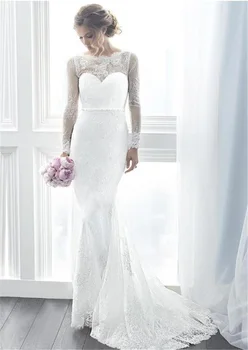 Элегантное кружевное свадебное платье с длинным рукавом длиной до пола, женское свадебное платье трапециевидной формы