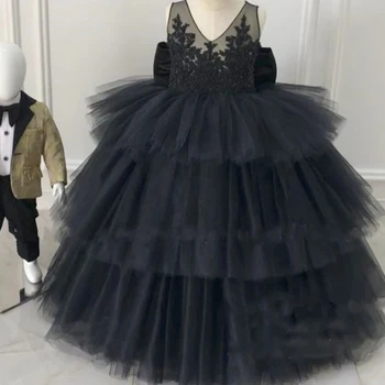 Элегантное черное платье в цветочек для девочек, кружевное, расшитое бисером, из тюля, без рукавов, с бантом, для свадьбы, Дня рождения, праздничное платье принцессы