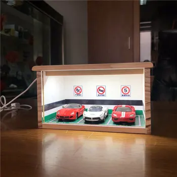 Диорама в масштабе 1: 64, модель автомобиля из сплава, Деревянная сцена парковки в гараже со светодиодной подсветкой, Ящик для хранения, Простая Тематическая витрина для игрушек