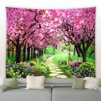 Романтический Розово-красный Садовый гобелен Весенний Лесной цветочный гобелен, висящий на стене в гостиной, Эстетика общежития, украшение дома